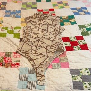 Geometric Brown and Cream Sleeveless Bodysuit Top